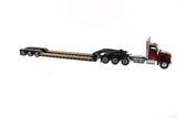 1:50 Tracteur Kenworth T880 SFFA DayCab Tridem avec remorque XL 120 HDG à profil bas (style Outrigger) avec 2 Boosters et Jeep - Cabine rouge éclatante, remorque noire + Jeep + Boosters, 71061