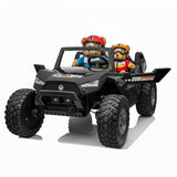 Black remote control toy vehicle with large wheels on a white background
