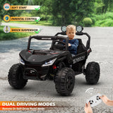 Child in a black toy UTV with remote control, surrounded by greenery.