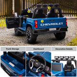 Technical specifications and dashboard features of the 12V Chevy Silverado ride-on car