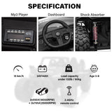 High Speed 2.0 24V Dune Buggy Up To 15 km/h Off-Road UTV Limited Edition Black with Remote Control and Rubber Tires