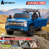 Two kids riding in the Chevrolet Silverado blue 12V electric ride-on truck