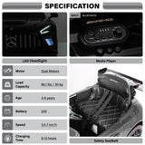 Specification table for a Mercedes-Benz toy car with various features listed.