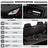 Product specifications for a vehicle with images of headlights, media player, and safety seatbelt.