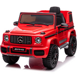 A red Mercedes Benz AMG G63 24V kids' ride-on car with a leather seat, LED lights, and parental remote control.