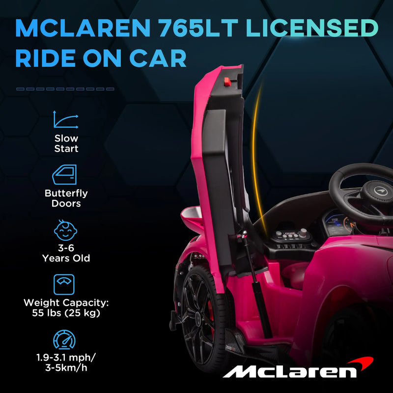 Qaba McLaren 765LT Licensed 12V Kids Electric Car w/ Scissor Doors, Transport Wheels, Remote, Slow Start, Music Horn