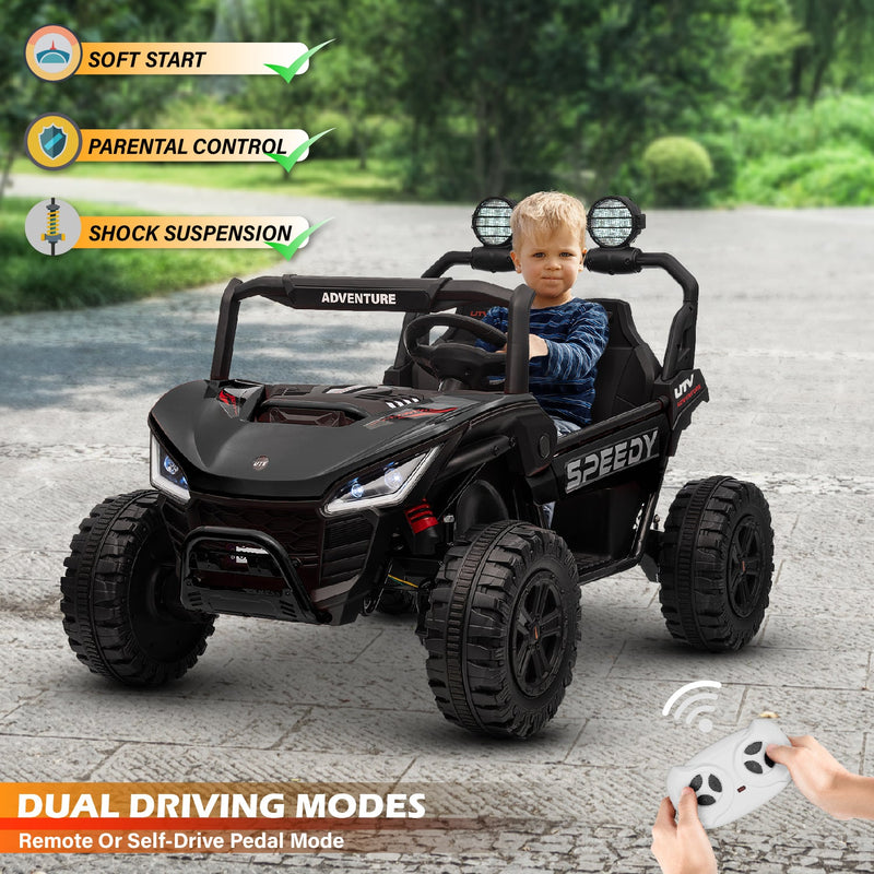 Child in a black toy UTV with remote control, surrounded by greenery.