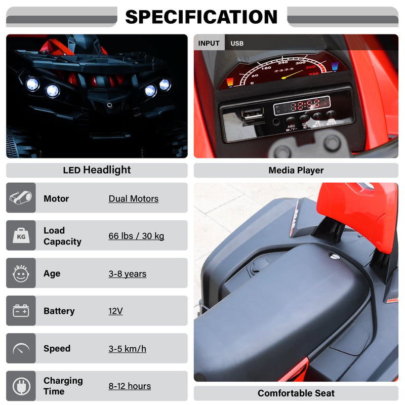 12V Kids Electric ATV Ride-On Toy – 4-Wheel Outdoor Quad with Music & Lights