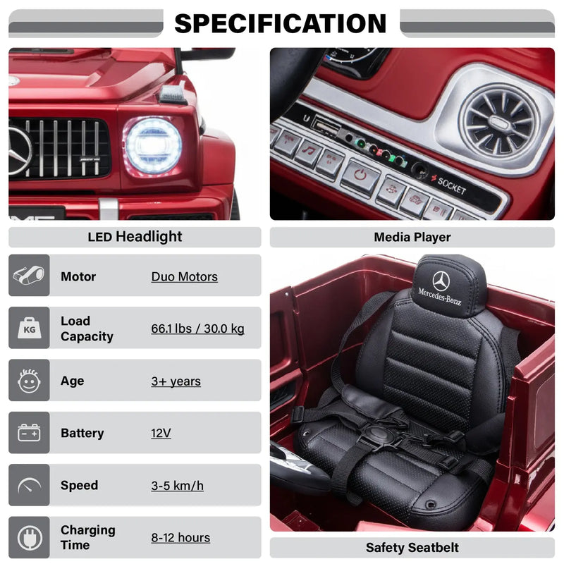 Mercedes-Benz AMG G63, 12V Electric Kids' Ride On Car with Parental Remote Control, LED lights, Leather Seat and MP3- Kids On Wheelz Kids On Wheelz
