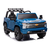 Side and rear angle of the blue Chevy Silverado kids 2-seater ride-on truck
