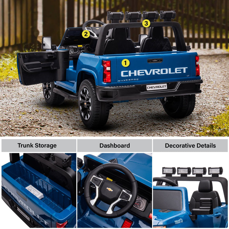 Technical specifications and dashboard features of the 12V Chevy Silverado ride-on car