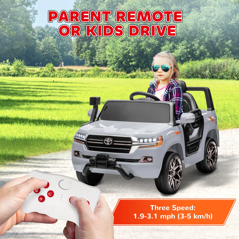 Qaba 12V Toyota LAND CRUISER Licensed Kids Car w/ Remote Control, Four Wheel Spring Suspension, Soft Start, LED Light, Grey