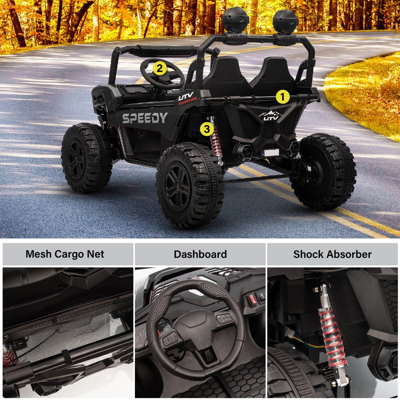 Children's off-road vehicle with labeled parts on a grassy path, followed by close-up details.