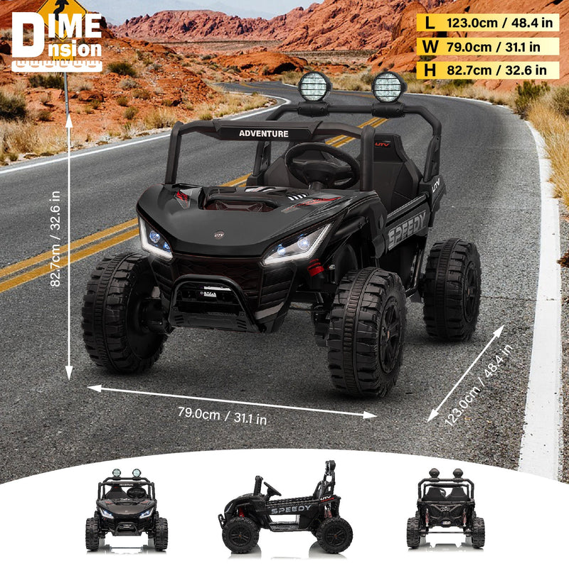 Two kids riding together on a 2-seater electric ATV