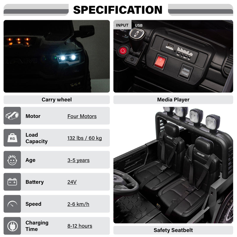 Dodge Ram 1500 TRX/RHO 24V Two-Seater Ride-On Truck for Kids