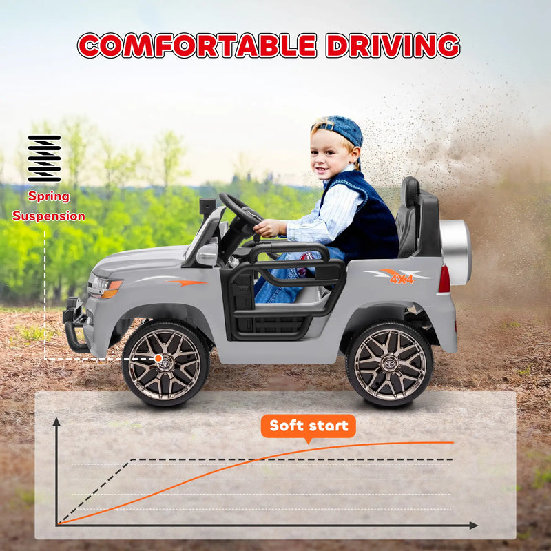 Qaba 12V Toyota LAND CRUISER Licensed Kids Car w/ Remote Control, Four Wheel Spring Suspension, Soft Start, LED Light, Grey