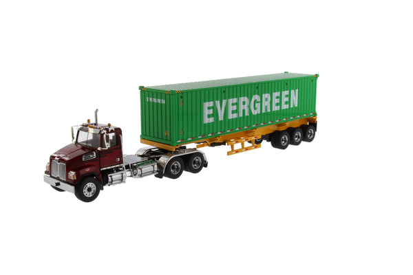 1:50 Western Star® Diecast 4700 SB Tandem Truck-Tractor with 40 'Dry Goods Sea Container - Tractor rojo metálico + remolque amarillo + contenedor EverGreen, serie de transporte, 71049