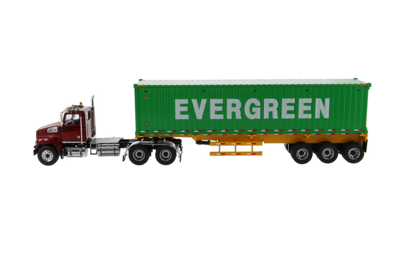 1:50 Western Star®  Diecast 4700 SB Tandem Truck-Tractor with 40′ Dry Goods Sea Container – Metallic red tractor + Yellow trailer + EverGreen container, Transport Series,  71049