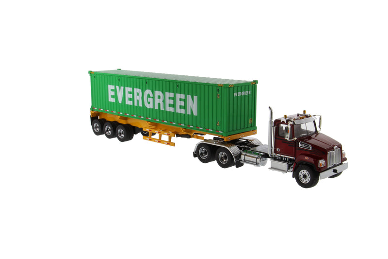 1:50 Western Star® Diecast 4700 SB Tandem Truck-Tractor with 40′ Dry Goods Sea Container - Tracteur rouge métallique + Remorque jaune + Conteneur EverGreen, Transport Series, 71049