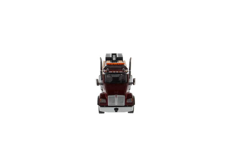 1:50 Kenworth T880 SFFA DayCab Tridem Tractor with XL 120 Low-Profile HDG Trailer (Outrigger Style) with 2 Boosters and Jeep  - Radiant red cab, Black trailer + Jeep + Boosters, 71061