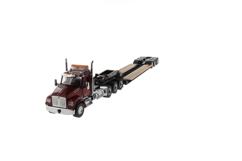 1:50 Kenworth T880 SFFA DayCab Tridem Tractor with XL 120 Low-Profile HDG Trailer (Outrigger Style) with 2 Boosters and Jeep  - Radiant red cab, Black trailer + Jeep + Boosters, 71061