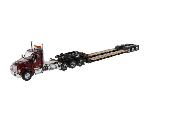 1:50 Kenworth T880 SFFA DayCab Tridem Tractor con XL 120 Low-Profile HDG Trailer (Outrigger Style) con 2 Boosters y Jeep - Cabina roja radiante, remolque negro + Jeep + Boosters, 71061