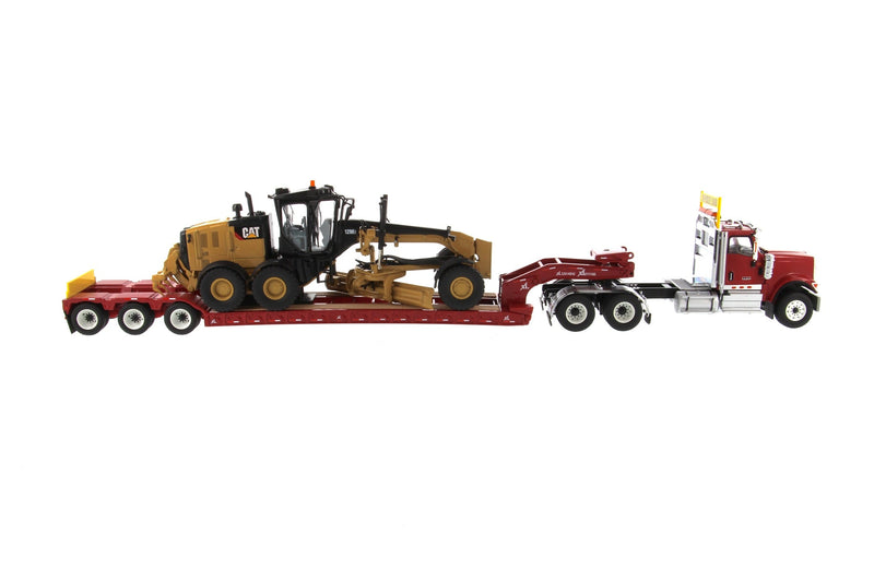 1:50 International HX520 Tandem Tractor + XL 120 Trailer, Red w/ Cat® 12M3 Motor Grader loaded including both rear boosters, 85598