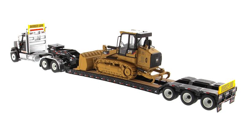 1:50 International HX520 Tandem Tractor + XL 120 Trailer, Black w/ Cat® 963K Track loader loaded including both rear boosters, 85599
