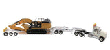1:50 International HX520 Tandem Tractor + XL 120 Trailer outriggers, White w/ Cat®349F L XE Hydraulic Excavator loaded including both rear boosters and front jeep, Transport Series, 85600 ***INCOMING MAY
