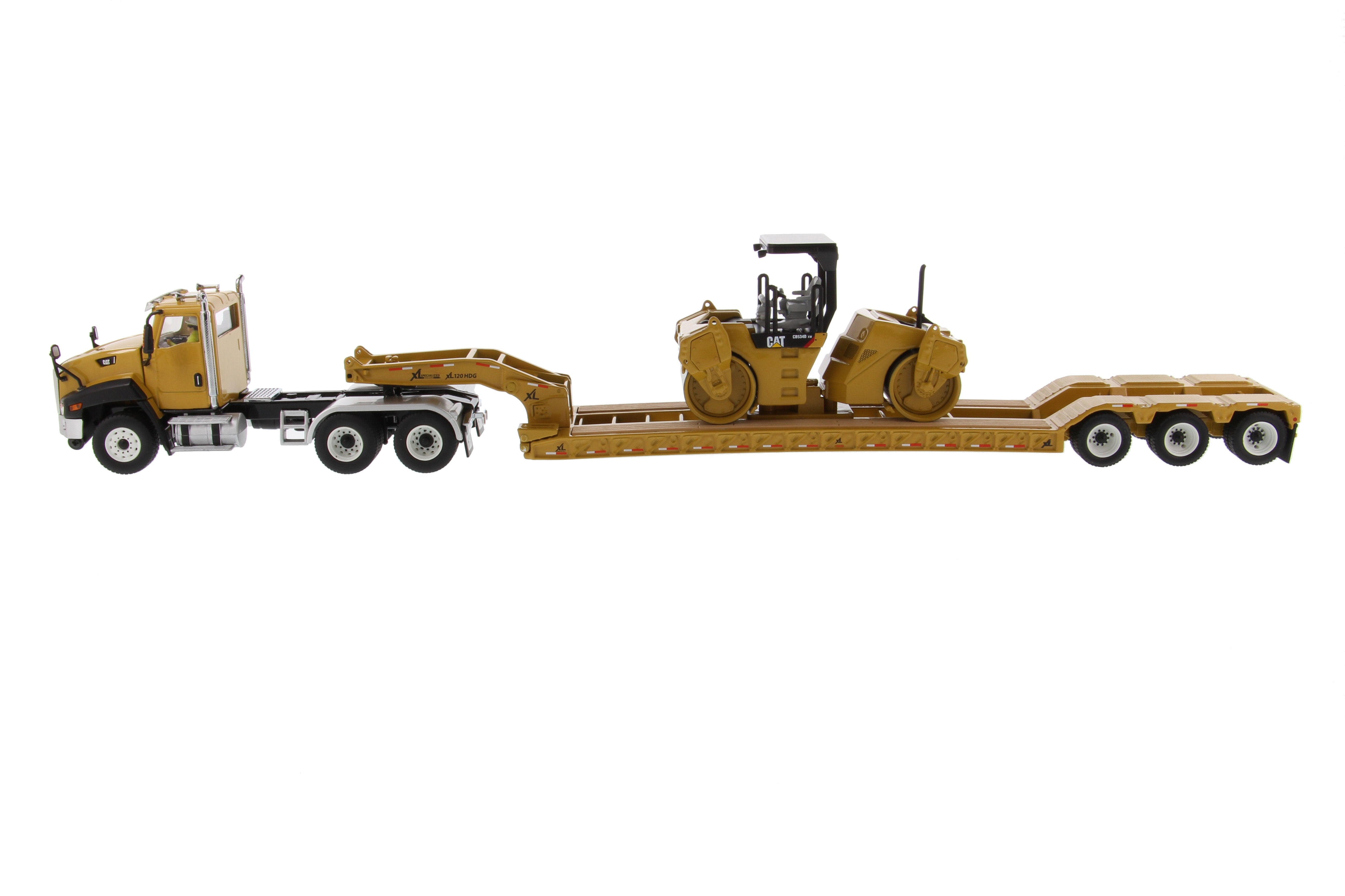 Tractor de cabina diurna Cat® CT660 a escala 1:50 y remolque HDG de bajo perfil XL120 con compactador de asfalto vibratorio Cat® CB-534D XW, 85601C