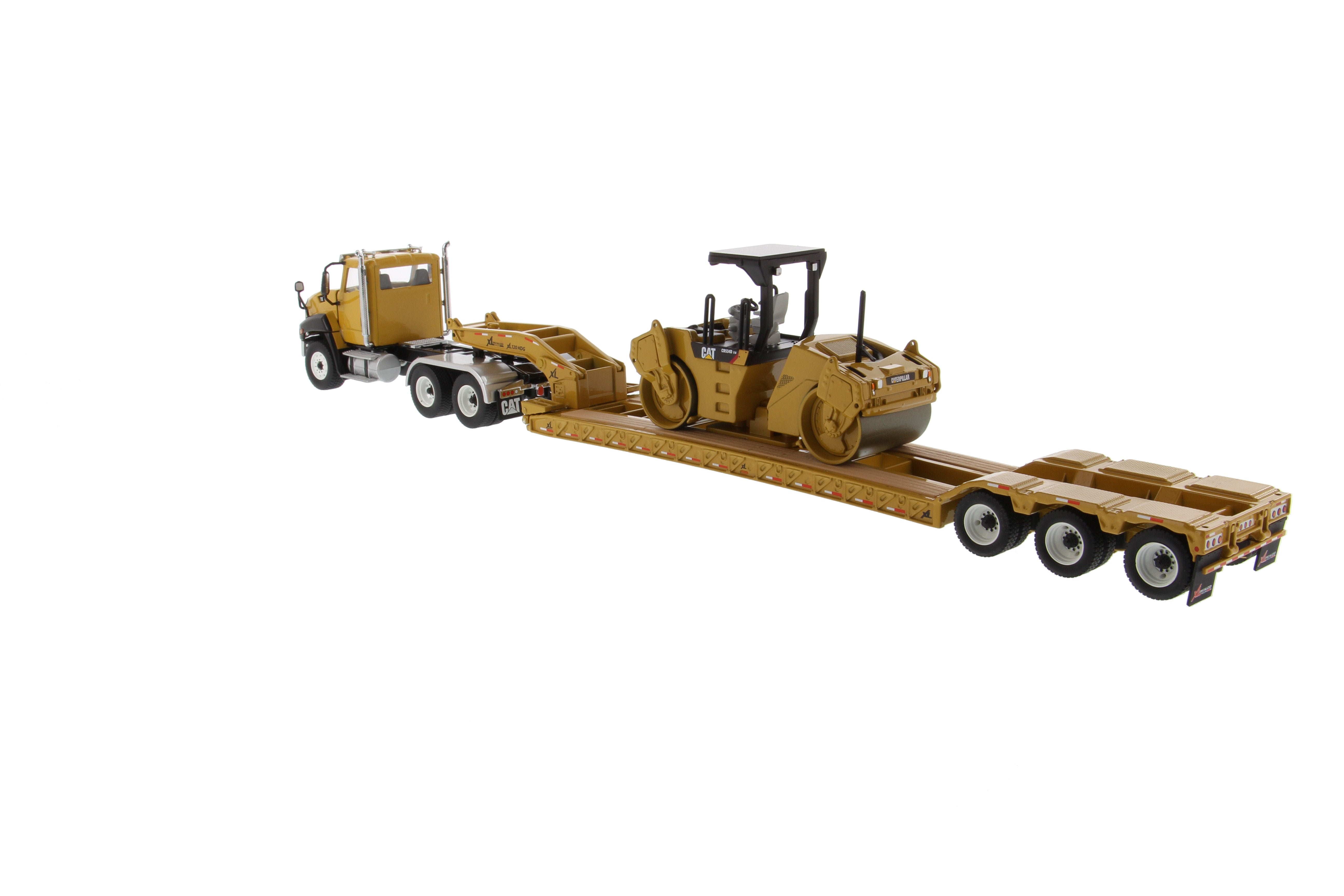 Tracteur à cabine courte Cat® CT660 1:50 et remorque HDG à profil bas XL120 avec compacteur d'asphalte vibrant Cat® CB-534D XW, 85601C