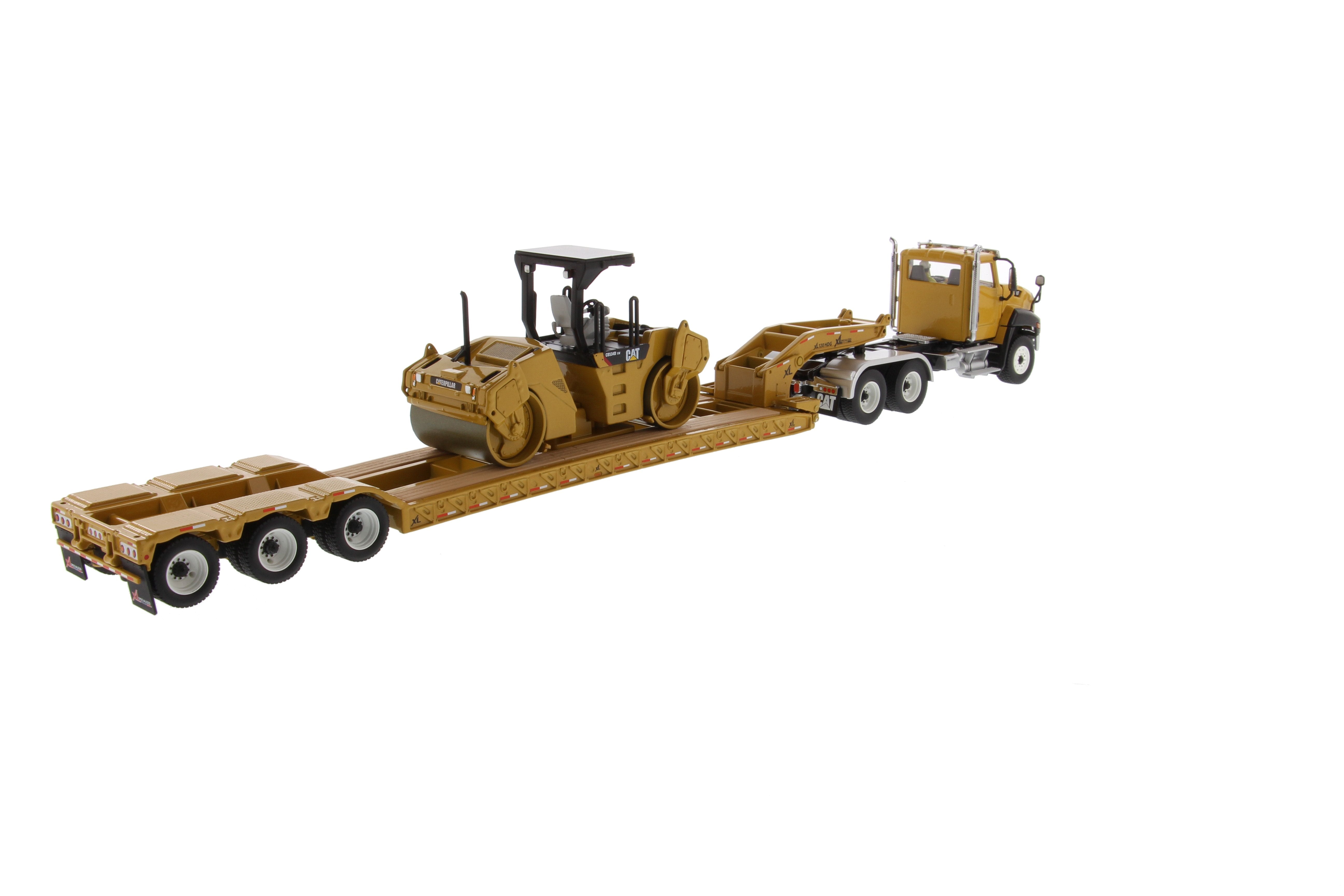 Tractor de cabina diurna Cat® CT660 a escala 1:50 y remolque HDG de bajo perfil XL120 con compactador de asfalto vibratorio Cat® CB-534D XW, 85601C