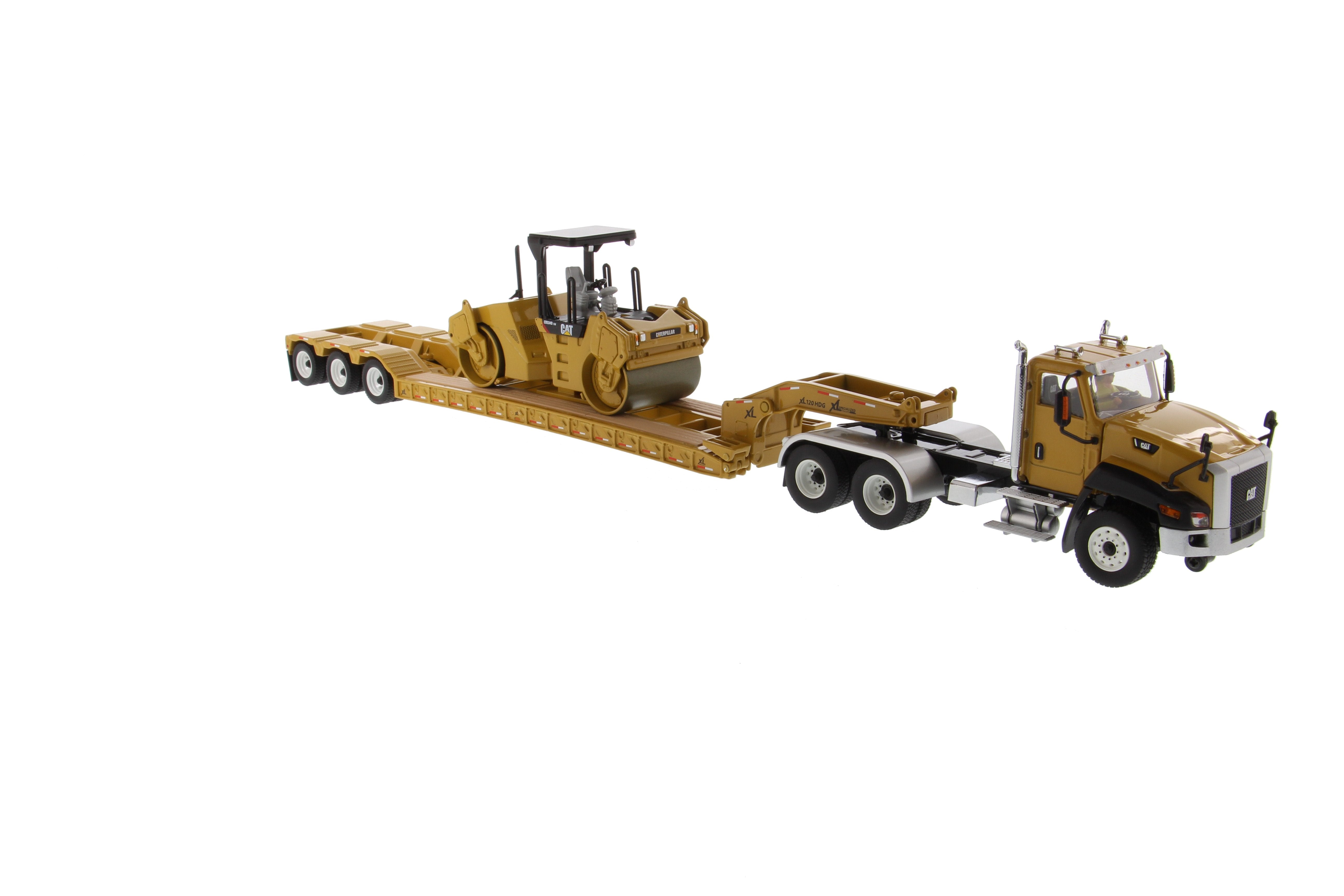 Tracteur à cabine courte Cat® CT660 1:50 et remorque HDG à profil bas XL120 avec compacteur d'asphalte vibrant Cat® CB-534D XW, 85601C