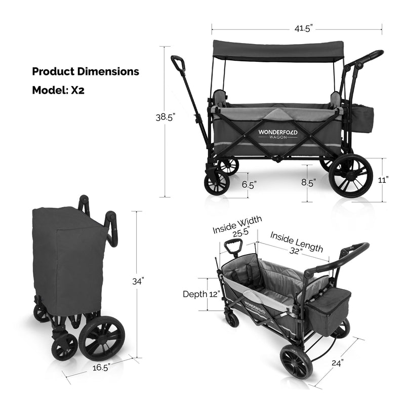 X2 Pull & Push Double Stroller Wagon (2 Seater) Gray -Wonderfold